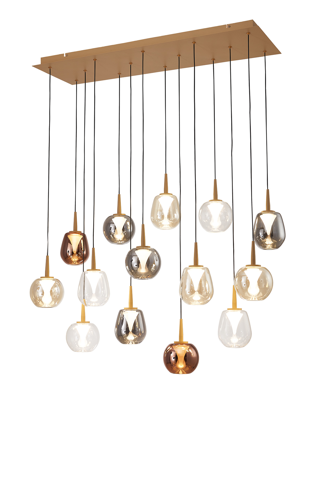 MK0011  Andromeda 102 x 33cm Rectangle Pendant, 14 x 5W LED, 3000K, 7050lm, Light Gold/Copper/Chrome/Amber/Clear/Frosted 3yrs Warranty